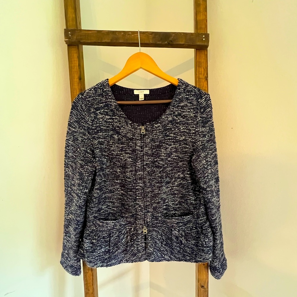 J.Crew Tweed Peplum Blazer Scoop Neck Zip Front Blue Womens Medium